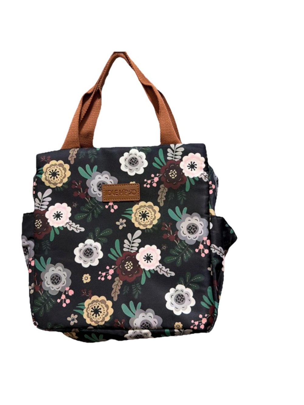Idle Hippo Floral Black Lunch Tote with Tan Handles Office/School NEW Trendy